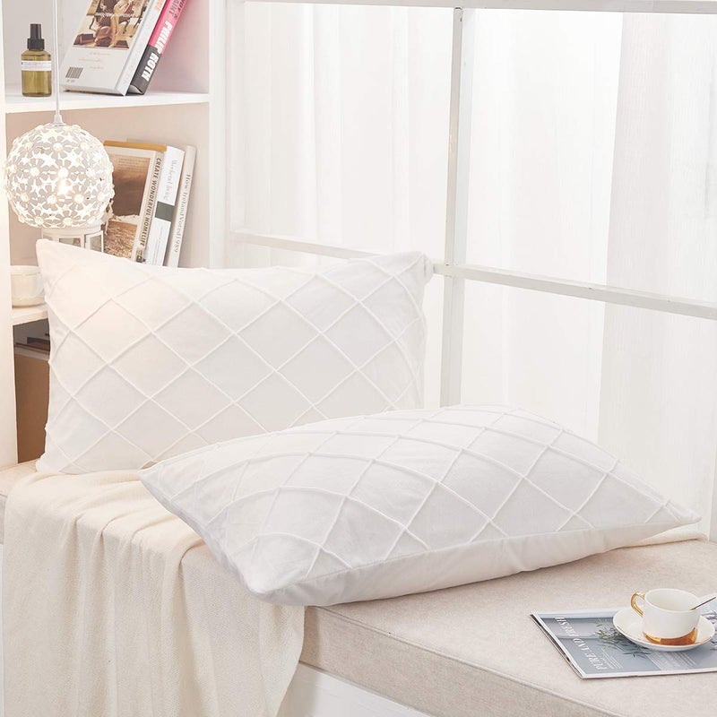 JAUXIO Diamond Pinch Pleated Crystal Velvet Pillowcases 2 Pack Solid Pintuck Throw Cushion Cover for Home Decor Hidden Zipper Closure (White, King) - Image 2